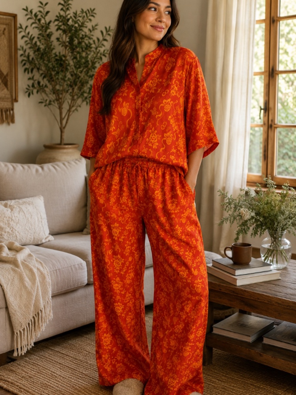 100% SILK lounge/pajama set/sleep set Vietnam orange butterflies/asian luxury